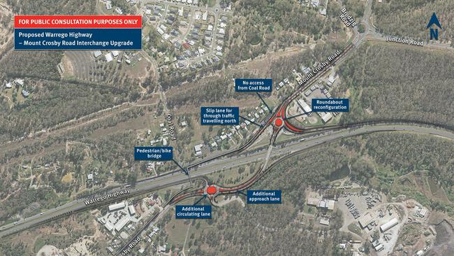 The scrapped plans for the proposed Warrego Highway - Mount Crosby Road interchange upgrade.