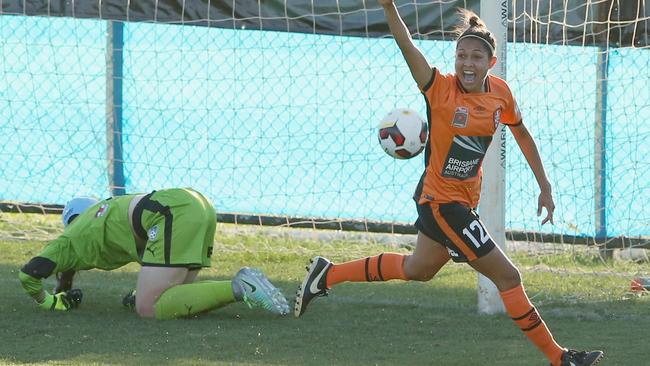 Brisbane Roar’s Allira Toby celebrates scoring against Sydney FC on Saturday.