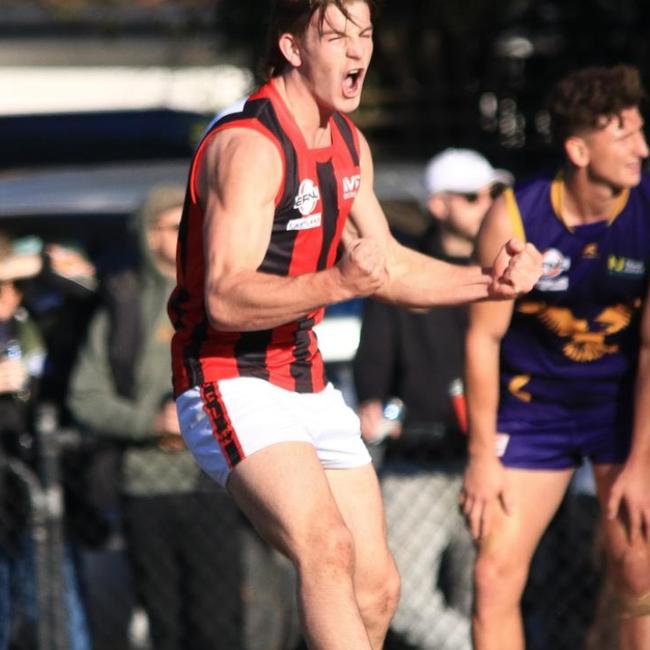 Hicks celebrates a goal against Vermont in Eastern’s Premier Division this year. Picture: Davis Harrigan