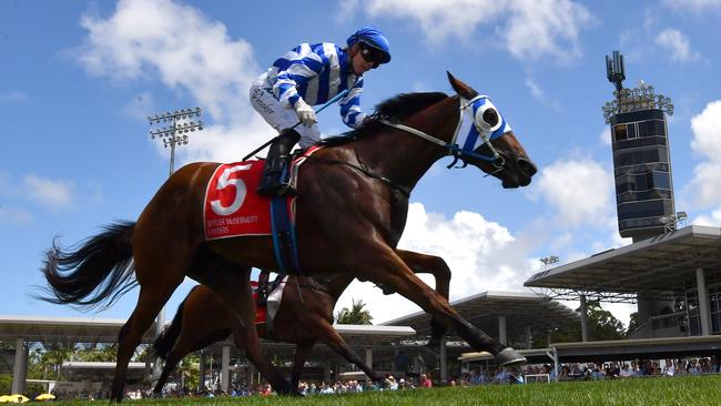 Jockey Tiffani Brooker wins aboard Pennino during the Sunshine Coast Cup Race Day. Picture: AAP Image/Darren England