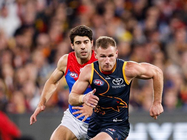 Rory Laird in action during the match between the Adelaide Crows and the Melbourne Demons at Adelaide Oval. Picture: Dylan Burns/AFL Photos via Getty Images.