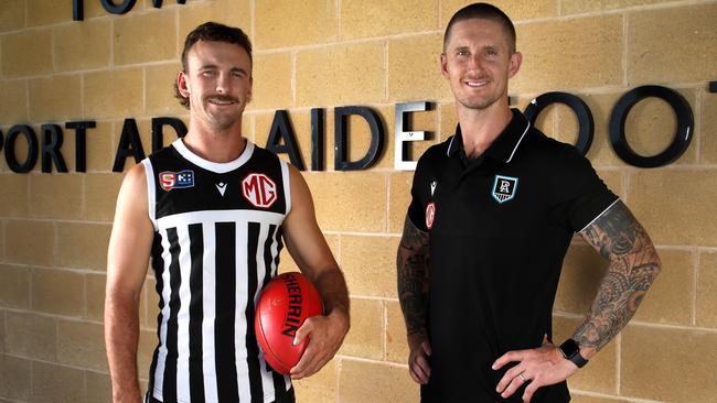 Port Adelaide's new coach Hamish Hartlett and new captain Nick Moore together at Alberton Oval. Picture Dean Martin