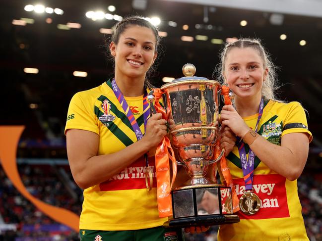 Shaylee Bent (L) with Tarryn Aiken after the Women's Rugby League World Cup Final Charlotte Tattersall/Getty Images for RLWC