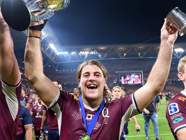 BRISBANE, AUSTRALIA - MAY 08: Fraser McReight of the Reds celebrates victory after the Super RugbyAU Final match between the Queensland Reds and the ACT Brumbies at Suncorp Stadium, on May 08, 2021, in Brisbane, Australia. (Photo by Bradley Kanaris/Getty Images)