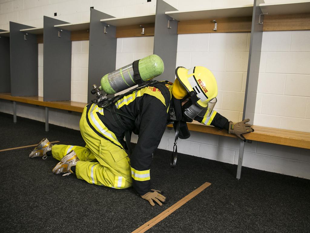 A potential recruit is blindfolded during one exercise. Picture: Dylan Robinson