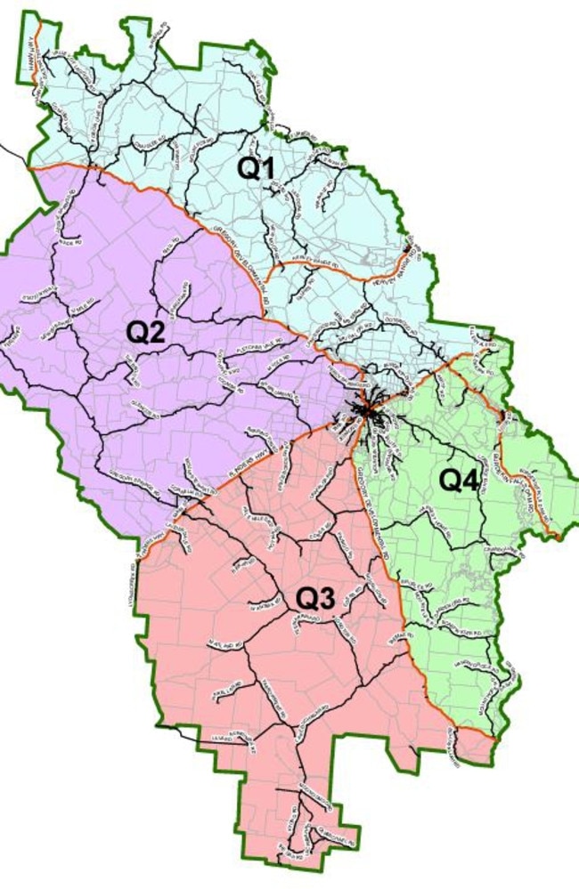 The quadrants from where advisers on the Rural Industry Advisory Group are selected. Full map visible at <a href="https://www.charterstowers.qld.gov.au/rural-industry-advisory-group-2/rural-industry-advisory-group-1" title="www.charterstowers.qld.gov.au">charterstowers.qld.gov.au/rural-industry-advisory-group-2</a>