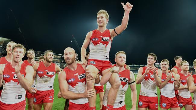 Kieren Jack playing his 200th game for the Sydney Swans at Geelong. Kieren after the siren. Picture: Jay Town