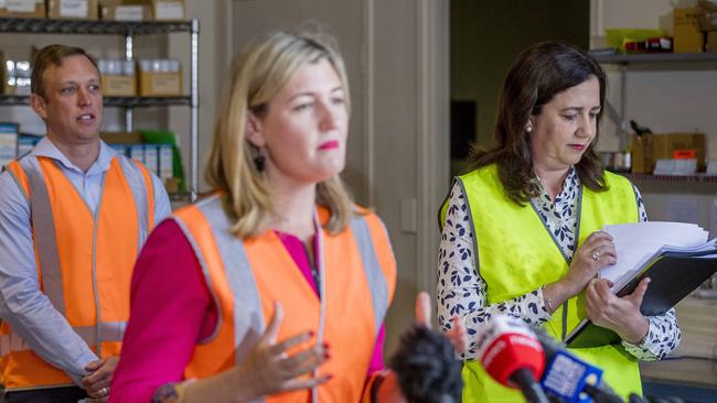 Queensland Premier Annastacia Palaszczuk with Deputy Premier and Minister for Health Steven Miles and Minister for Employment and Small Business Shannon Fentiman. Picture: Jerad Williams