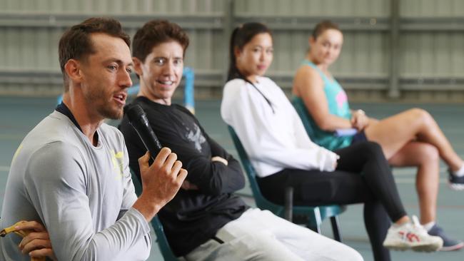 Australian tennis players John Millman, John-Patrick Smith, Lizette Cabrera and Ash Barty talking to prep students at Edge Hill State School in Cairns. PICTURE: STEWART McLEAN