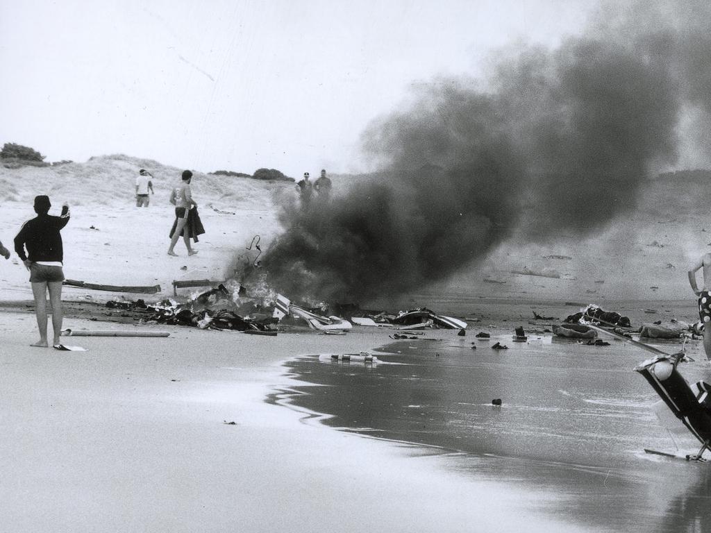 Sea World helicopter crash on Stradbroke Island which killed seven people. March 3, 1991. Scan of original photograph by Cavan Flynn.