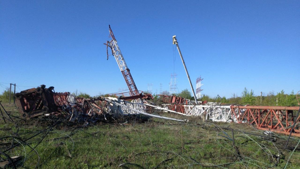 The "Mayak" radio centre lying on the ground following the blasts in the village of Mayak in the Grigoriopolsky district of Moldova's Russian-backed breakaway Transnistria. Picture: AFP.