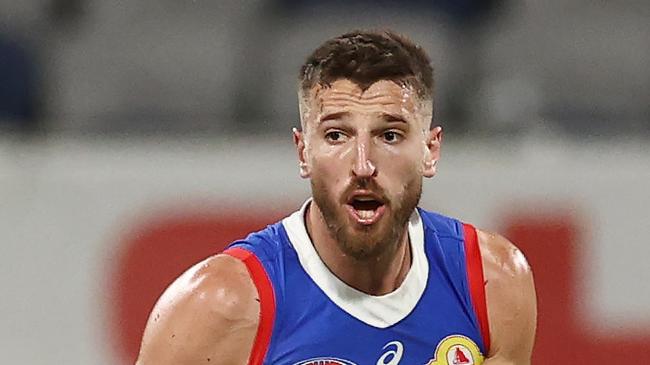 MELBOURNE, AUSTRALIA - August 26 , 2023. AFL .   Bulldog Marcus Bontempelli during the round 24 match between Geelong and the Western Bulldogs at GMHBA Stadium in Geelong, Australia.  Photo by Michael Klein.