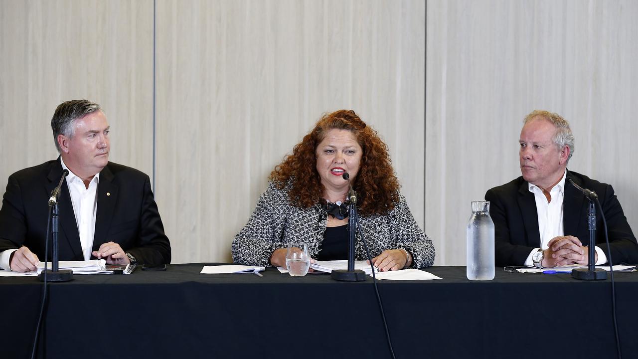 Eddie McGuire, Jodie Sizer and Peter Murphy speak to the media about the Do Better report.