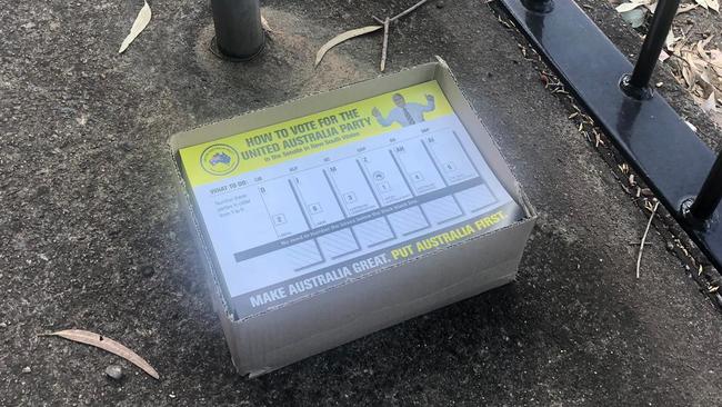 An abandoned box of United Australia Party how-to-vote cards in the seat of Lindsay.