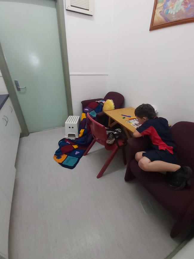 Declan in the first-aid room where he spends lunch and recess. Picture: Supplied