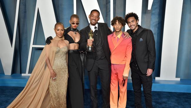 (L-R) Jada Pinkett Smith, Willow Smith, Will Smith, Jaden Smith and Trey Smith attend the 2022 Vanity Fair Oscar Party. Picture: Lionel Hahn/Getty Images