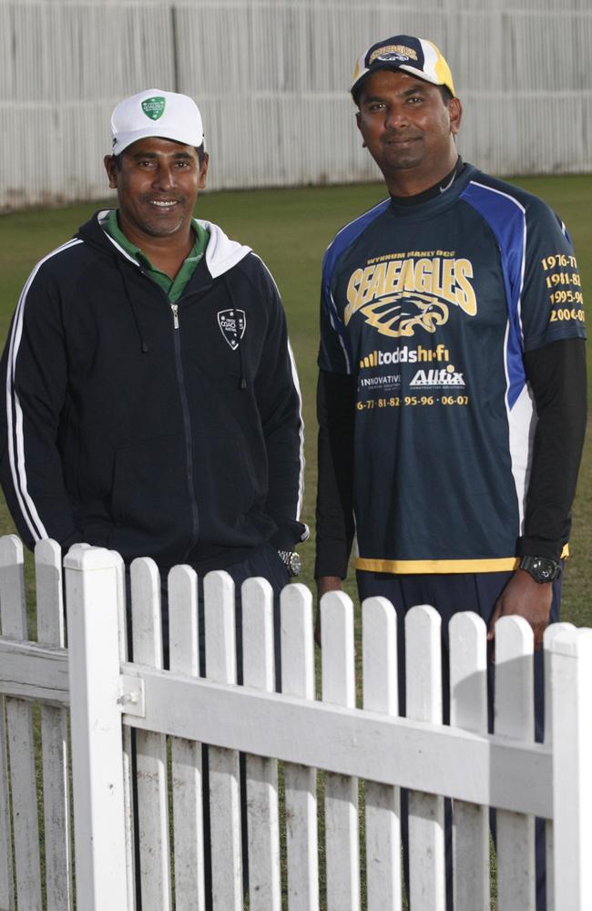 Sri Lankan cricket legend Chaminda Vaas at the Wynnum Manly Cricket Club with Harsha De Silva.