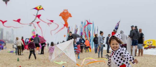 Rae De Wet, enjoying the Jewel International Kite Festival on Sunday at Surfers Paradise. Workers frustrated by uncertainty on site where layoffs loom say they kept a protest at the Kite Festival lowkey yesterday. Picture: Jerad Williams