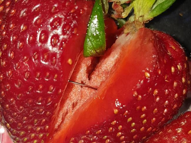 Needle found in strawberry purchased from Foodland in Jamestown, South Australia. Picture: Supplied