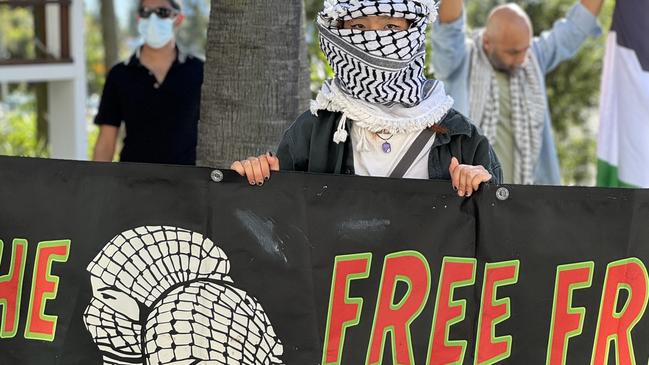 Pro-Palestine protesters have gathered outside the Gold Coast City Council Chambers on Tuesday 18.06.2024 in the lead up to a petition demanding the severing of sister city ties with Netanya being tabled at the full council meeting. Picture: Amaani Siddeek.