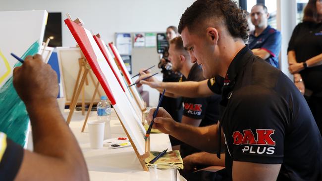 Player Nathan Cleary painting during training at the Penrith Panthers Centre of Excellence in Penrith. Picture: Jonathan Ng