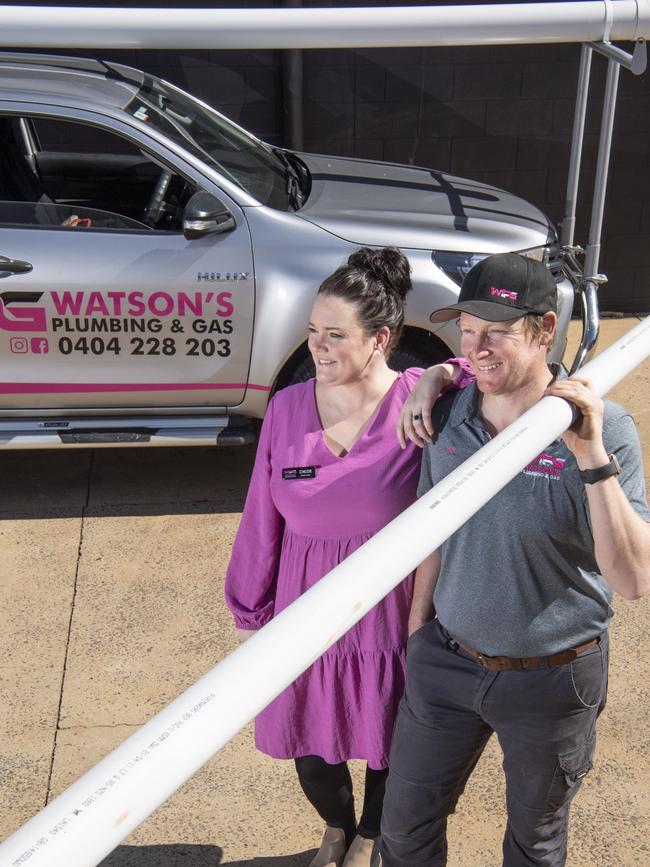 BIRTHDAY PRESENT: After 12 months in business, Watson’s Plumbing and Gas co-owners Chloe and Ian Watson have been named Master Plumber Queensland Award finalists. Picture: Nev Madsen.