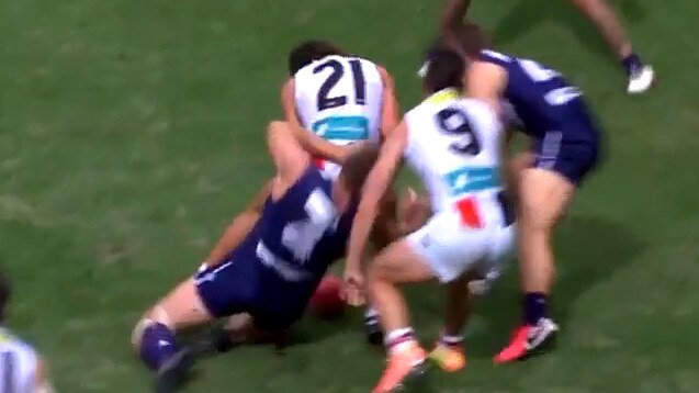 Ben Long’s bump on Sean Darcy concussed the Docker. Picture: Fox Footy