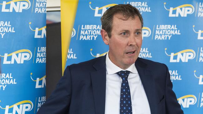 Garth Hamilton talks to media after the Liberal National Party's membership chose him to stand at the Groom by-election. Picture: Kevin Farmer