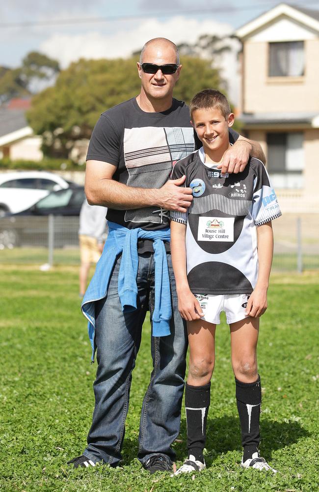 Brad Arthur coaches son Jake’s team, the under-13 Rouse Hill Rhinos. Picture: Phillip Rogers