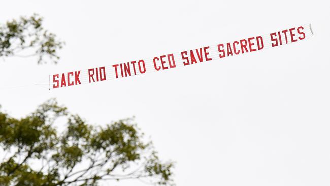 An aerial protest against Rio Tinto’s destruction of the Juukan Gorge. Picture: NCA NewsWire / Dan Peled