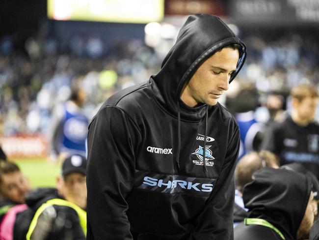 Sharks star Nicholas Hynes after being removed from the game for a head knock during tonight's NRL clash between the Cronulla Sharks and the Penrith Panthers at Shark Park. Photo: Tom Parrish