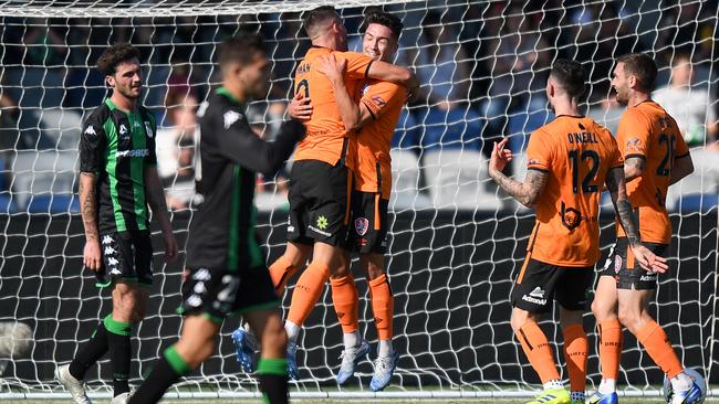 Brisbane Roar players celebrate a goal by Mirza Muratovic against Western United at Mars Stadium in Ballarat. Picture: Getty Images
