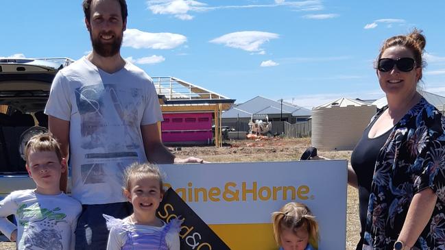 Shaun and Rebecca Smith and their children Jobe, 8, Madeline, 6, and Zara, 3, at their new block of land at Strathalbyn’s Piper’s Crest development.