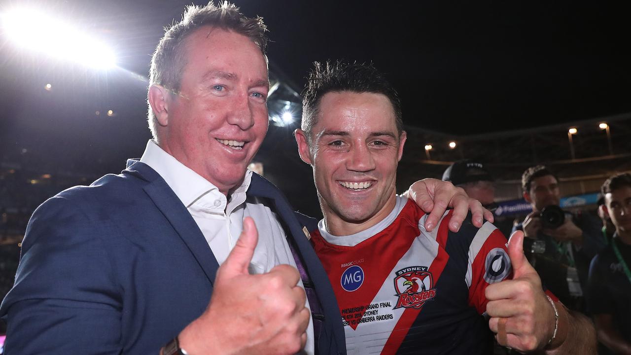 Cooper Cronk (right) will join Trent Robinson as part of the Roosters’ coaching staff in 2020. Picture: Brett Costello