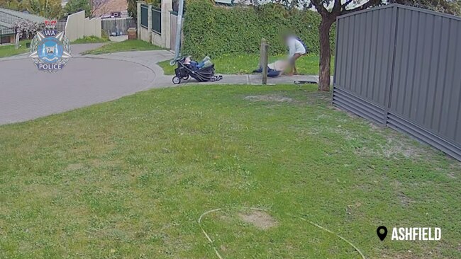 The two children in the pram appear distraught as their feet kick around while the woman is dragged from out of the view of the CCTV. Picture: WA Police
