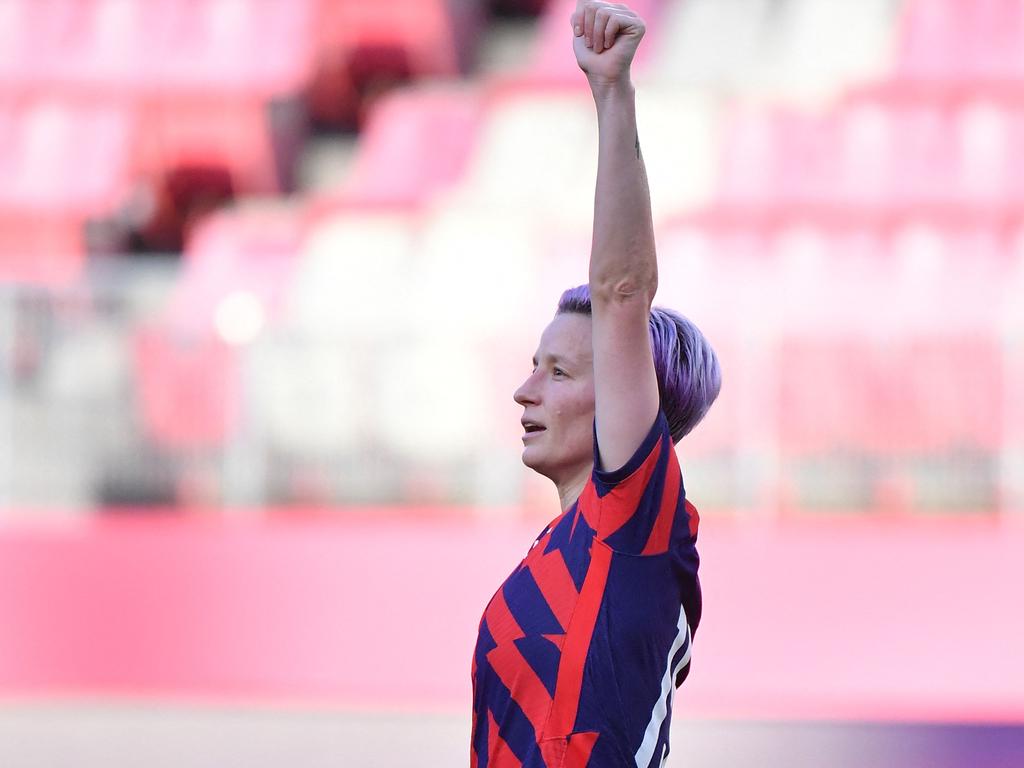 USA's forward Megan Rapinoe celebrates scoring during the Tokyo 2020 Olympic Games women's bronze medal football match between Australia and the United States at Ibaraki Kashima Stadium in Kashima city, Ibaraki prefecture on August 5, 2021. (Photo by Tiziana FABI / AFP)