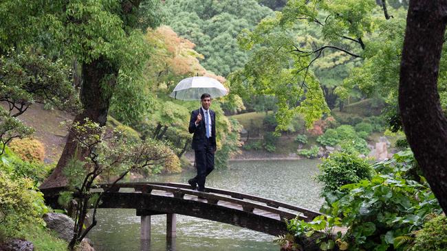 Britishs Prime Minister Rishi Sunak visits Shukkeien Garden before attending the G7 leaders' summit in Hiroshima on Friday. Picture: AFP