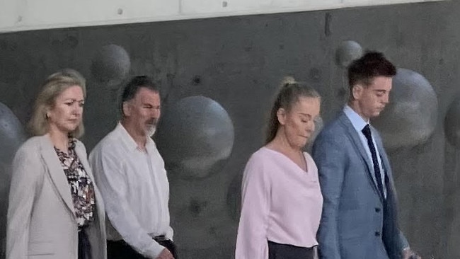 Jack Milner (in grey suit – right) leaving Newcastle District Court with supporters and defence barrister Margaret Cunneen SC (far left) on October 22, 2024. The 21-year-old is on trial for the sexual assault of a woman near a popular Newcastle nightclub on November 25, 2022. Picture: Amy Ziniak