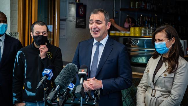 Premier Steven Marshall at La Moka announcing small business support in August. Picture: Tom Huntley