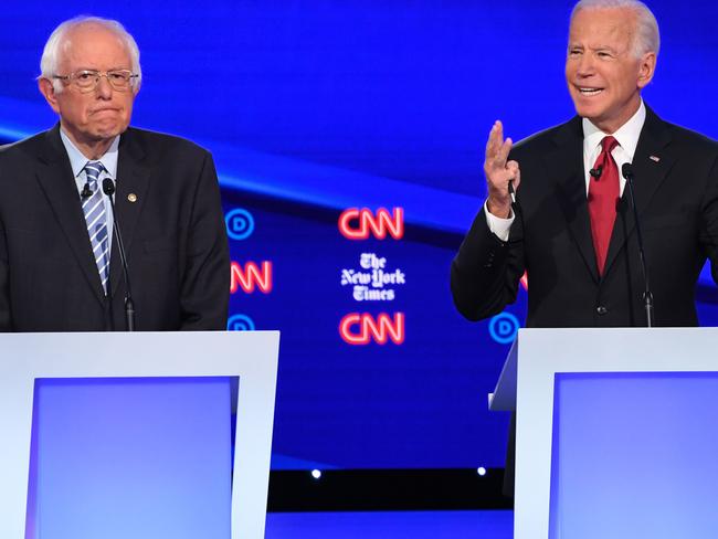 Senator Sanders and Mr Biden at a debate in October 2019. Picture: AFP