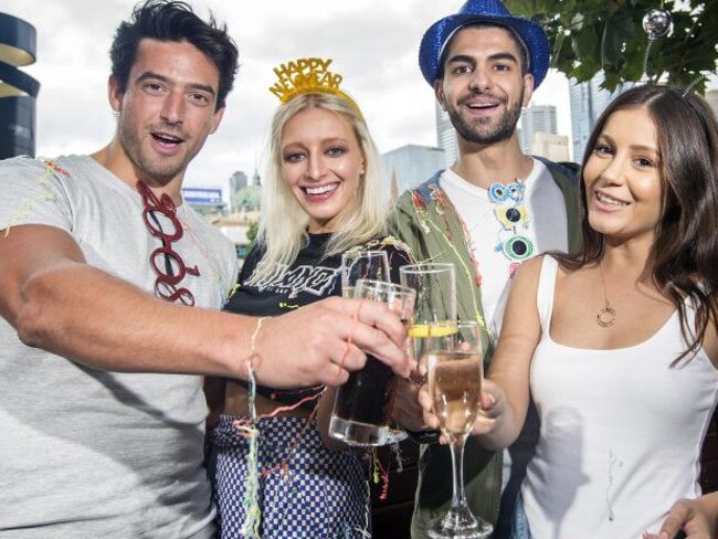 Ross Summers, Kimberley Curzi, Mike Mourtada and Irem Ozyurt get into party mode for New Year’s Eve. Picture: Sarah Matray