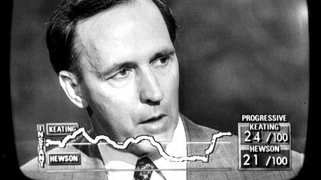 PM Paul Keating on TV show ‘Sixty (60) Minutes’ during debate with Opposition Leader John Hewson before 1993 Federal election. Picture: Channel Nine