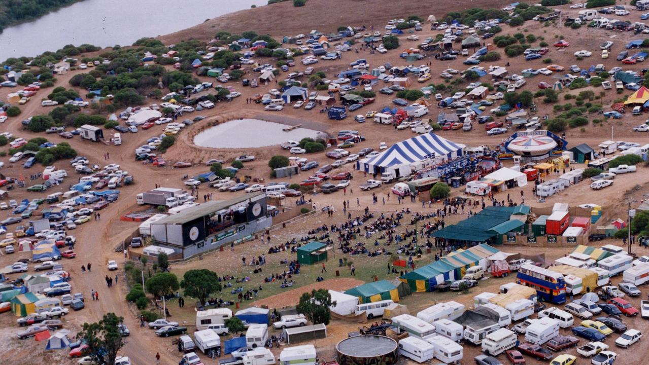 Aerial view of the Ponde music festival, held by the Hells Angels Motorcycle Club, in 1993.