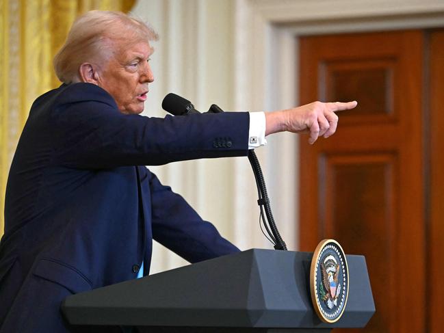 US President Donald Trump was swamped with questions about this Gaza plan with one reporter asking if he is actually allowed to take over Gaza. Picture: AFP