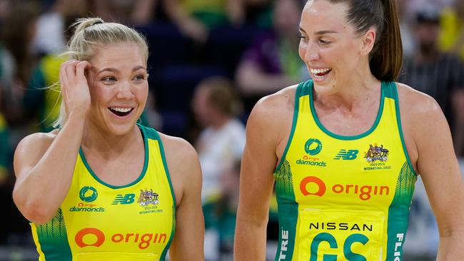 BRISBANE, AUSTRALIA - OCTOBER 15: Kate Moloney and Cara Koenen of the Australian Diamonds are seen after game two of the 2023 Constellation Cup series between Australia Diamonds and New Zealand Silver Ferns at Brisbane Entertainment Centre on October 15, 2023 in Brisbane, Australia. (Photo by Russell Freeman/Getty Images)