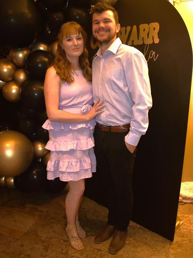 Ebbonie Shirreff and Herb Twomey having a great night at the Cowwarr Saints Football &amp; Netball Club Golden Gala Ball 2024. Picture: Jack Colantuono