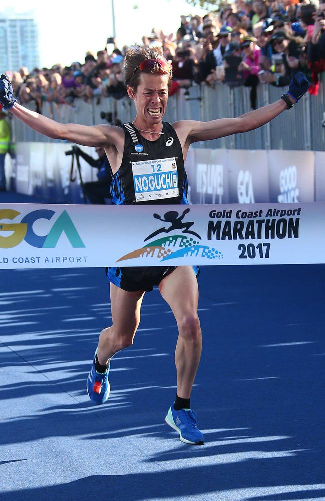 Gold Coast Marathon Sunday — Finish of full Marathon. Men’s first place. Picture Mike Batterham