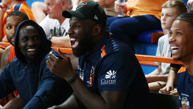 Majok Deng, Nate Jawai and Scott Machado share a laugh together during the National Basketball League (NBL) pre season match between the Cairns Taipans and the Brisbane Bullets, held at Early Settler Stadium, Manunda. PICTURE: BRENDAN RADKE