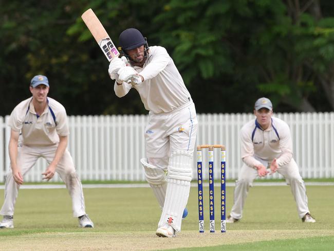 Gold Coast Dolphins batsman Liam Hope-Shackley en route to a ton against Sandgate-Redcliffe on Saturday. Picture: Steve Holland