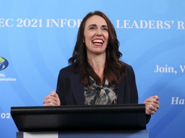 Jacinda Ardern speaks to reporters. Picture: Getty Images.